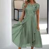O-Neck Short Sleeve Waist Tight High-waisted Evening Dress Elegant Embroidery Lace Floral Pattern Chiffon Draped Hem A-Line Midi Dress Streetwear