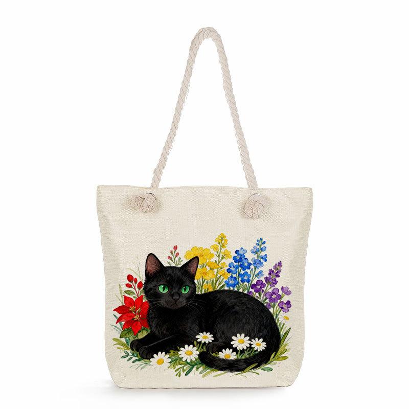 Multifunctional Black Cat  Printed Thick Rope Shoulder Beach Bag 7579 KTB