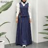 ZANZEA Women Splice Long Sleeve Blouse and Long Skirts Stripe Print Two Piece Sets