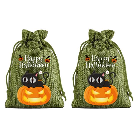 Halloween Party Supplies 2Pcs Pumpkin Drawstring Bags for Candy Treats, Retro Burlap Handmade Style Trick or Treat Bags, Portable Goodie Kids