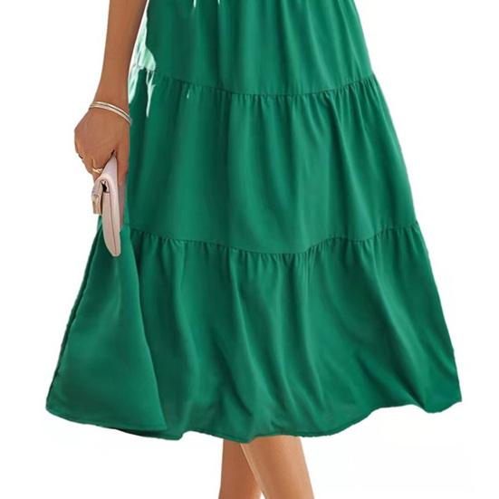 Women's Short Sleeve Smocked Midi Dress Summer Crew Neck Pleated Long Dress Casual Tiered Flowy A-line Dress