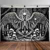 Donkere Engel Schedel Pentagram Wandkleed Zwart-Wit Gotische Rituele Print Ophangdoek Kamerdecoratie