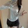 Damer Vår Sommar Enfärgad Långärmad Skjorta U-Hals Slimmad Blus Pullover Oregelbunden Kort Topp M-XXL