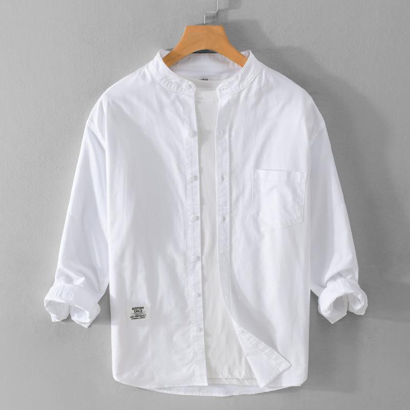 Camicie Estive da Uomo Vestibilità Slim Colletto alla Coreana Oxford Cotone Puro Manica a Tre Quarti Camicia Top Casual Quotidiano Stile Semplice Coreano Abbigliamento da Uomo
