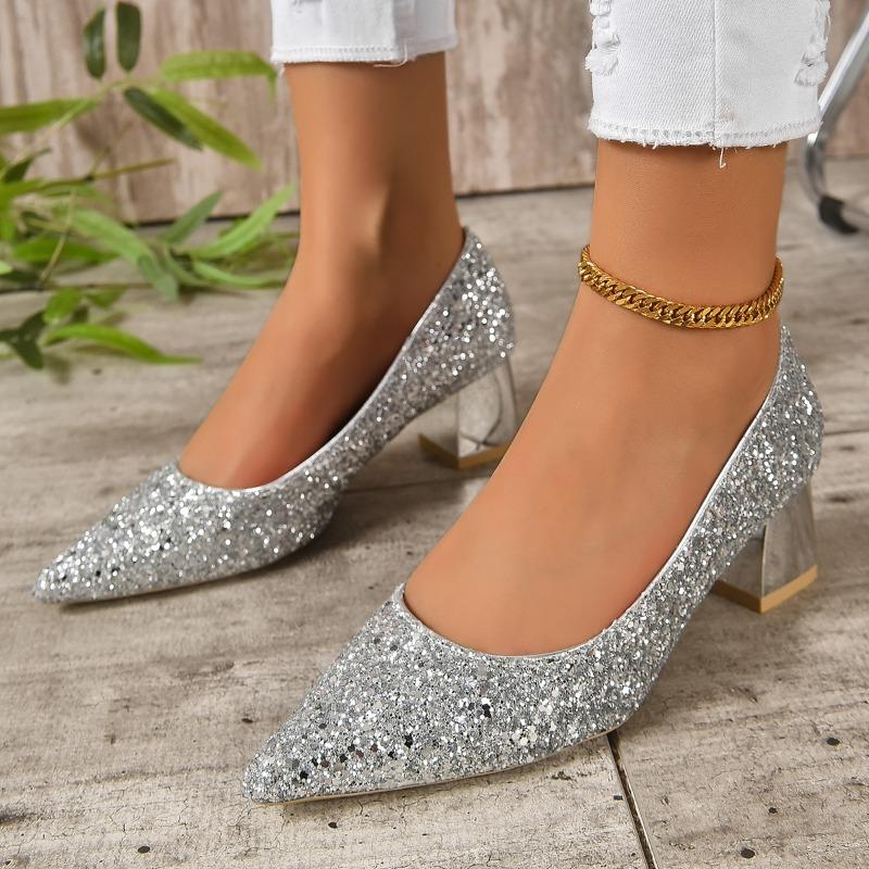 Fashion 2024 Spring Autumn New Fashion Large Heel Single Shoes Wearing Sequin Face Pointed Toe Comfortable Shallow Mouth Shoes for Women