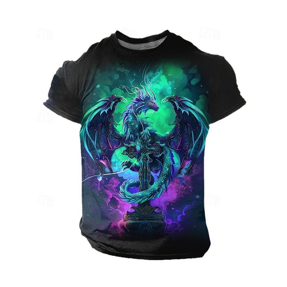 Ανδρικά T-Shirts 3D Σχέδιο Δράκου Κοντομάνικα Καθημερινά Μπλουζάκια με Στρογγυλή Λαιμόκοψη Πουλόβερ Street Outdoor Τοπ Μπλουζάκι Αθλητικό Εξωτερικού Χώρου Υπερμεγέθη Ρούχα