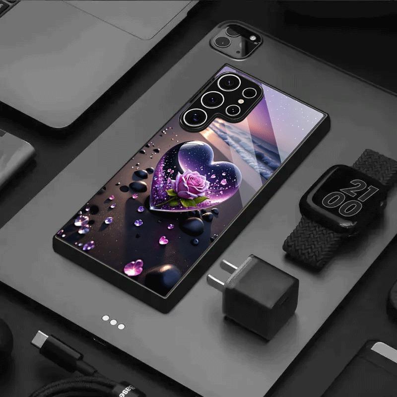 Hjärta Kristall Ros Havsmönster Härdat Glas Svart Telefonfodral För Samsung Galaxy S25 S24 S23 Ultra Plus FE Stötsäkert Skydd