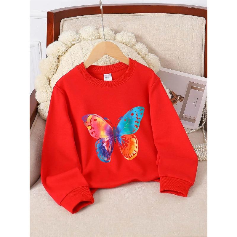 European Sizes Girls' Crewneck Sweatshirt - Colorful Butterfly Wing Pattern Print, Soft Comfortable Casual Wear for Children & Teenagers