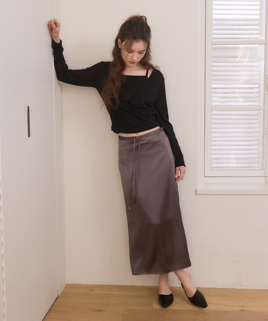 Adowl Satin Long H Line Skirt - Charcoal
