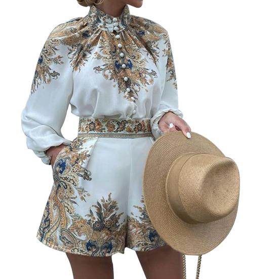 1 Set Women Shirt Shorts Set Vintage Pattern Print Turtleneck Two-piece Single Breasted Long Sleeve Top Pocket Shorts for Office