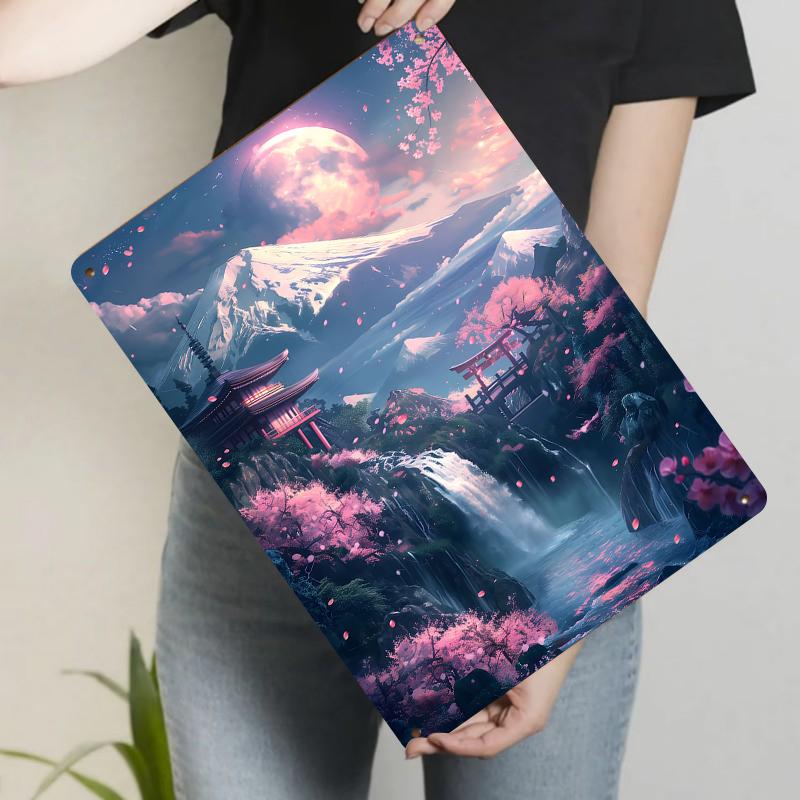 Japanse Fuji Berg Sakura Tempel Landschap Metaal IJzer Schilderij Woonkamer Decoratieve Muurkunst
