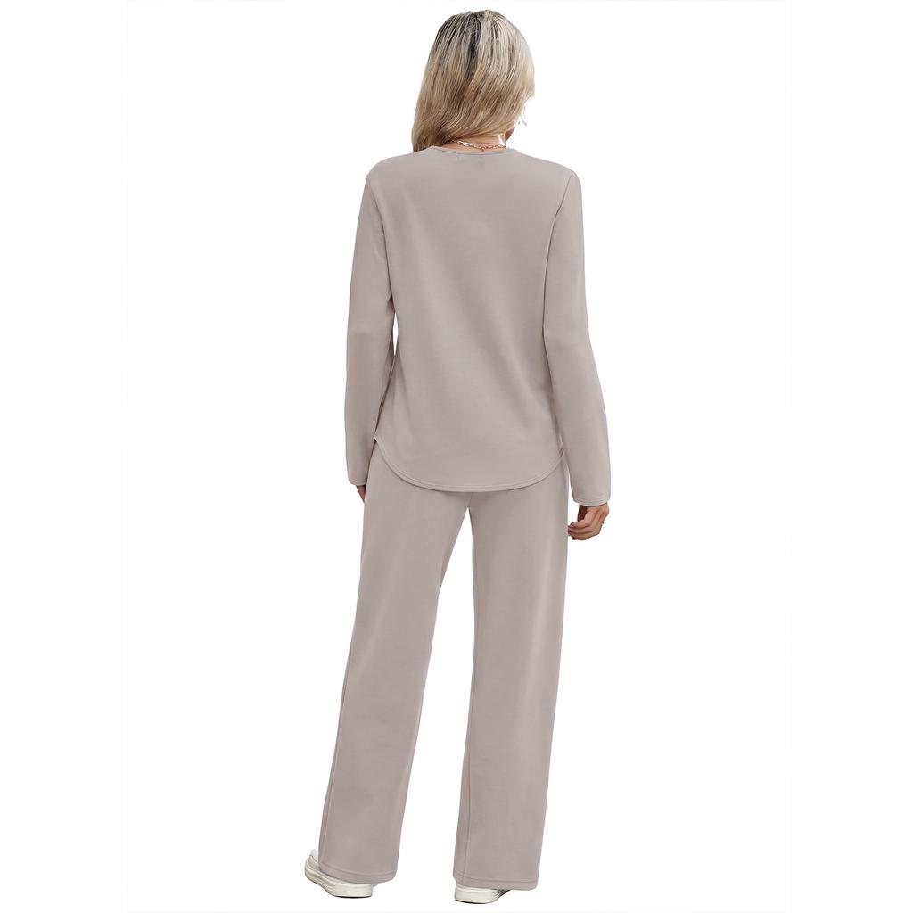 Women's Casual V-Neck Long Sleeve Top and Wide Leg Pants 2-Piece Set
