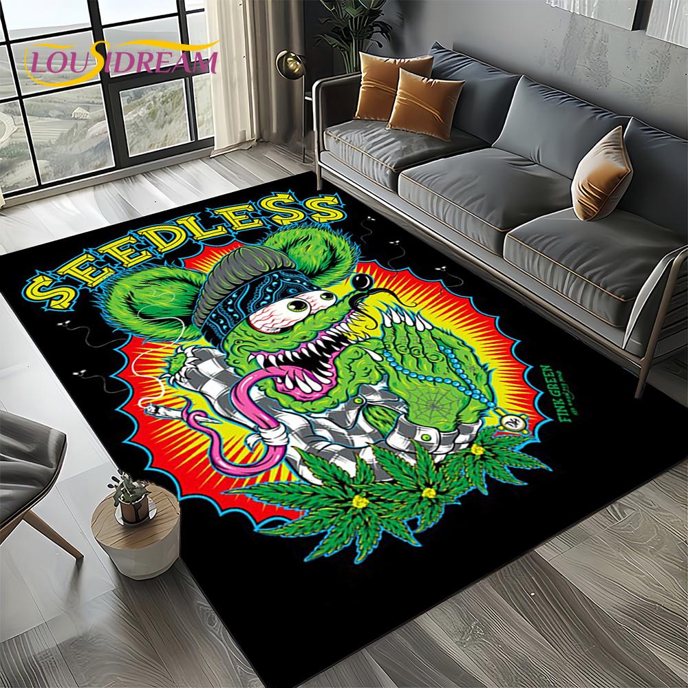 RF Lustige Rat Fink Cartoon Motorrad Schild Teppich Teppich für Wohnzimmer Schlafzimmer Haus Sofa Dekoration, Teppich Rutschfeste Fußmatte