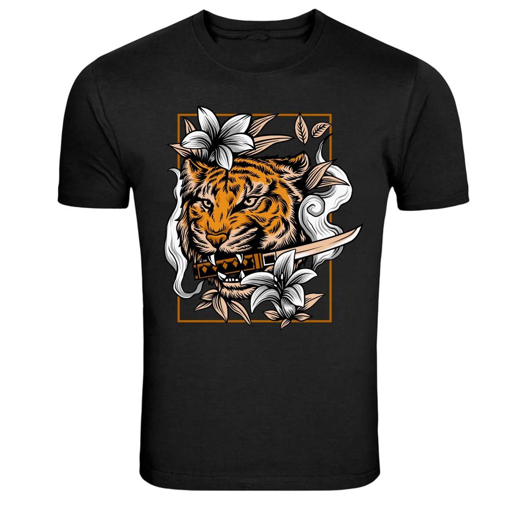 Samurai Tiger With Katana Flowers Graphic T-Shirt