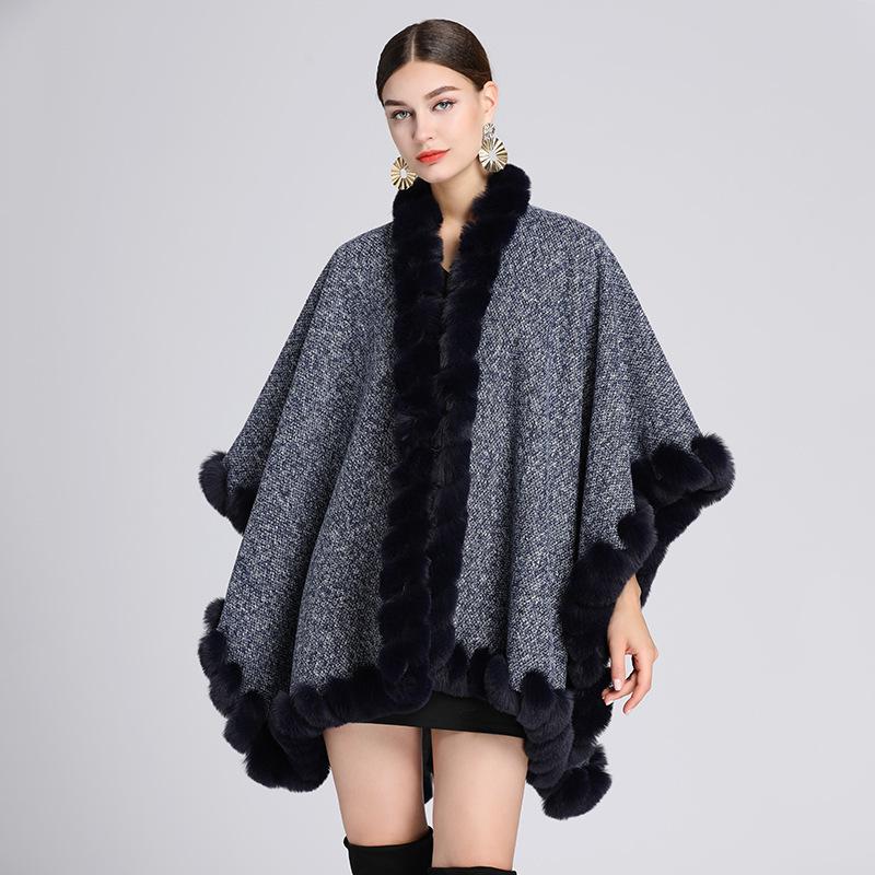 Capa xale feminina de inverno, plus veludo, gola de pele espessa, capa xale, solta, plus size, casaco cardigan de malha