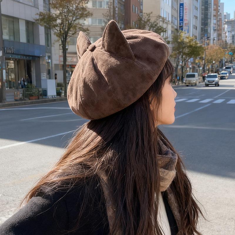 Korean Retro Suede Cat Ear Hat for Women Sweet and Cute Beret  Autumn and Winter Face Showing Little Painter Octagonal Hat
