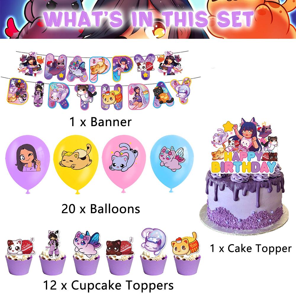 34 Pcs Aphmau Plushies Cat Party Supplies Include Cake Topper Banner Balloons