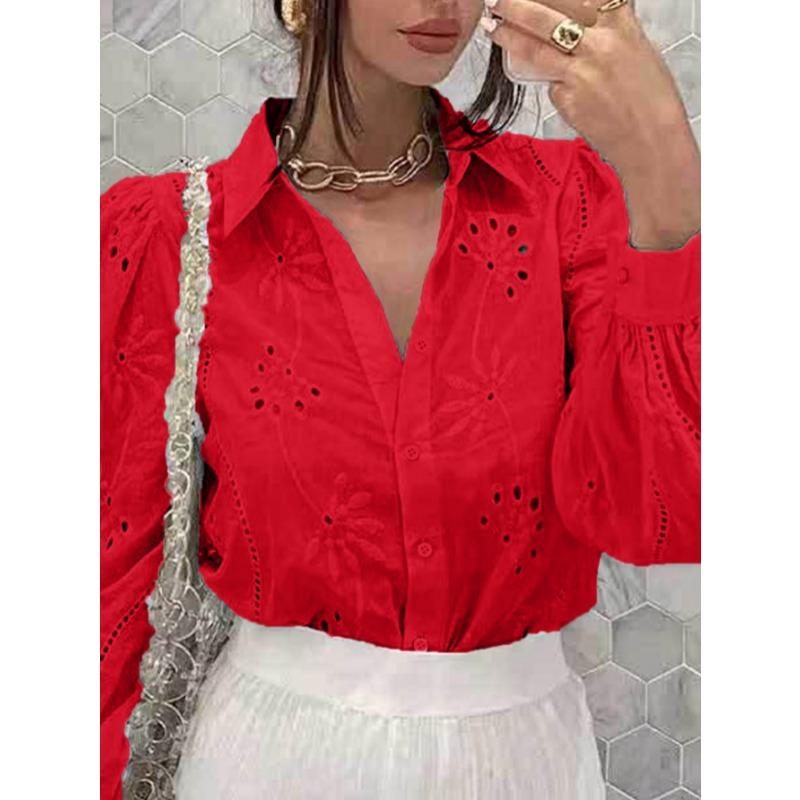 Elegante Moda Solta Renda Camisa Feminina Casual Vazada Bufante Manga Longa Top Manga Longa Botão Único Escritório Blusa Lisa Doce Simples Gola Feminina