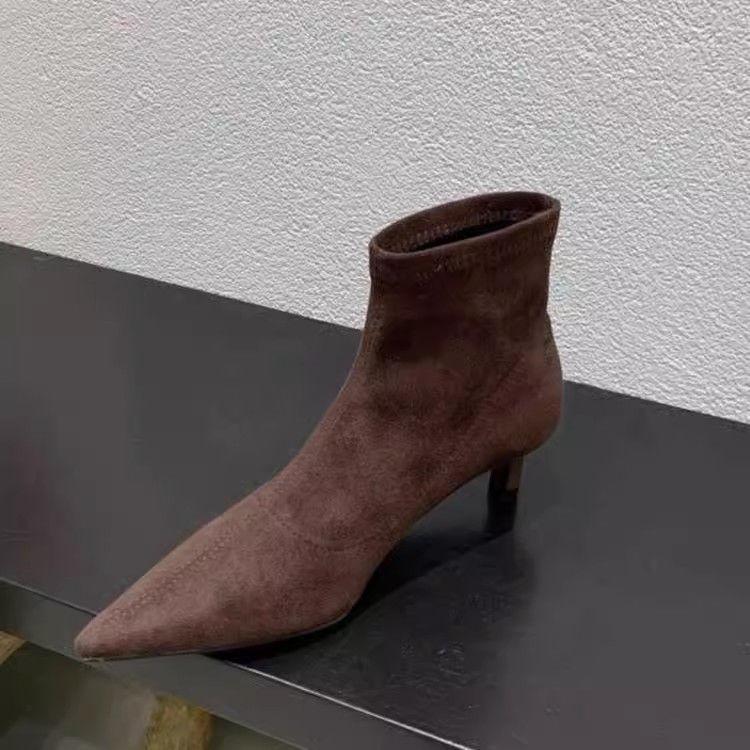 Single boots Skinny boots Women's black wind soft soles Simple boots Women's short boots Casual pointed elastic small suede stiletto