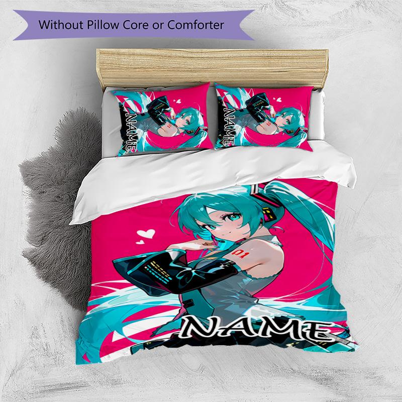 3pcs Hatsune Miku Cover Set - Personalized Name, HD Printed Bedding with 1 Cover and 2 Pillowcases - Perfect for Home Decor, Easy Care