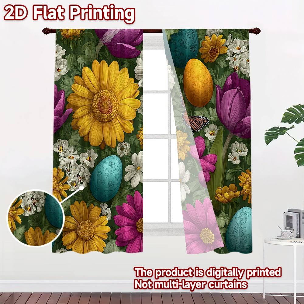 Modern Flat Printing Curtains Without Rod Easter Eggs Flowers Fashionable Versatile Polyester Fabric Set Of 2 Made