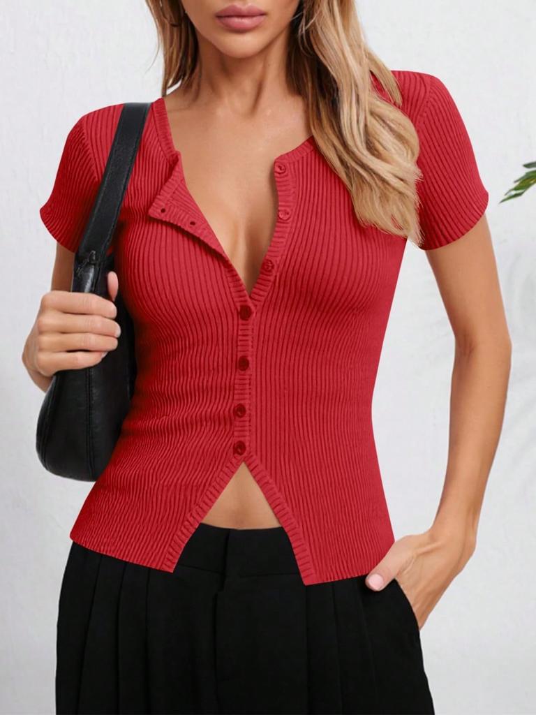 Cardigan court côtelé à manches courtes pour femme, boutonné, coupe ajustée