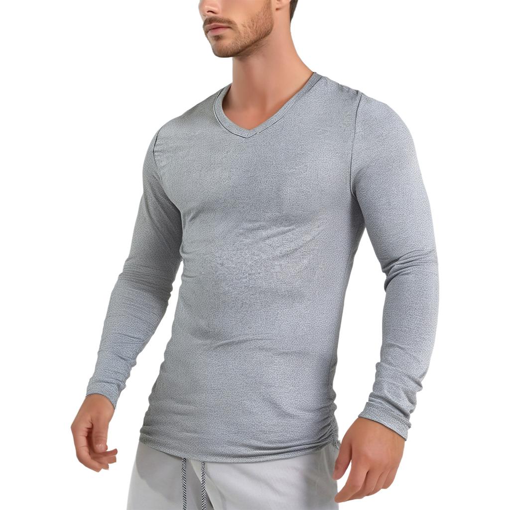 M-3XL Men‘s V Neck Slim Fit T-Shirt Long Sleeve Solid Color Casual Undershirt for Daily Wear
