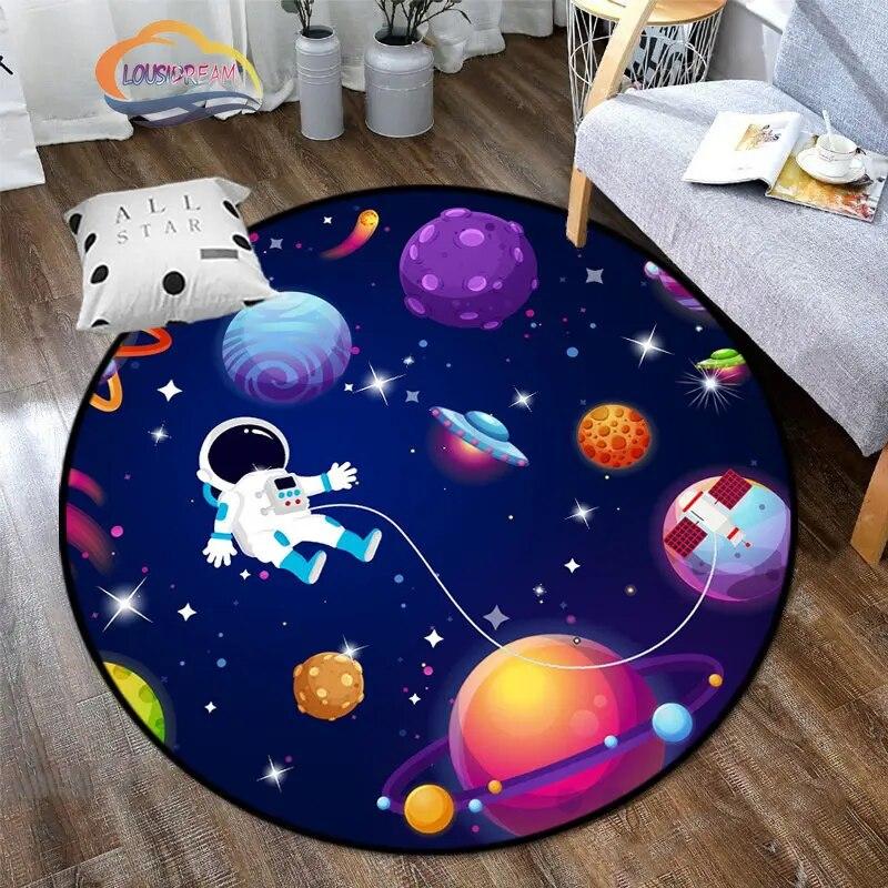 Space Universe Vector Ufo and Many Planets In Galaxy Round Bedroom Floor Mat Cosmos Solar System Pattern Decoration Carpets