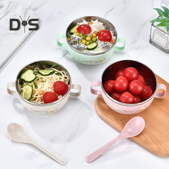 Kids Training Bowl Fall Resistance High Temperature Resistant with Lid Easy To Clean Dual Handles Dustproof Stainless Steel Cartoon Kids Bowl