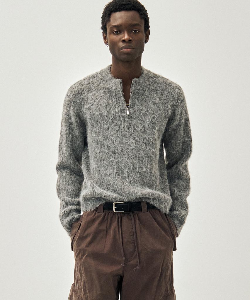 NOIRER Alpaca Boucle Ribbed Zip-Up (Grey)