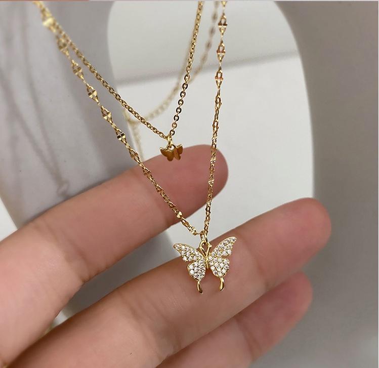 Double Layer Butterfly Necklace Sparkling 2022 Spring/summer New Trendy Neck Chain For Women Ins Korean Versatile Collarbone Chain