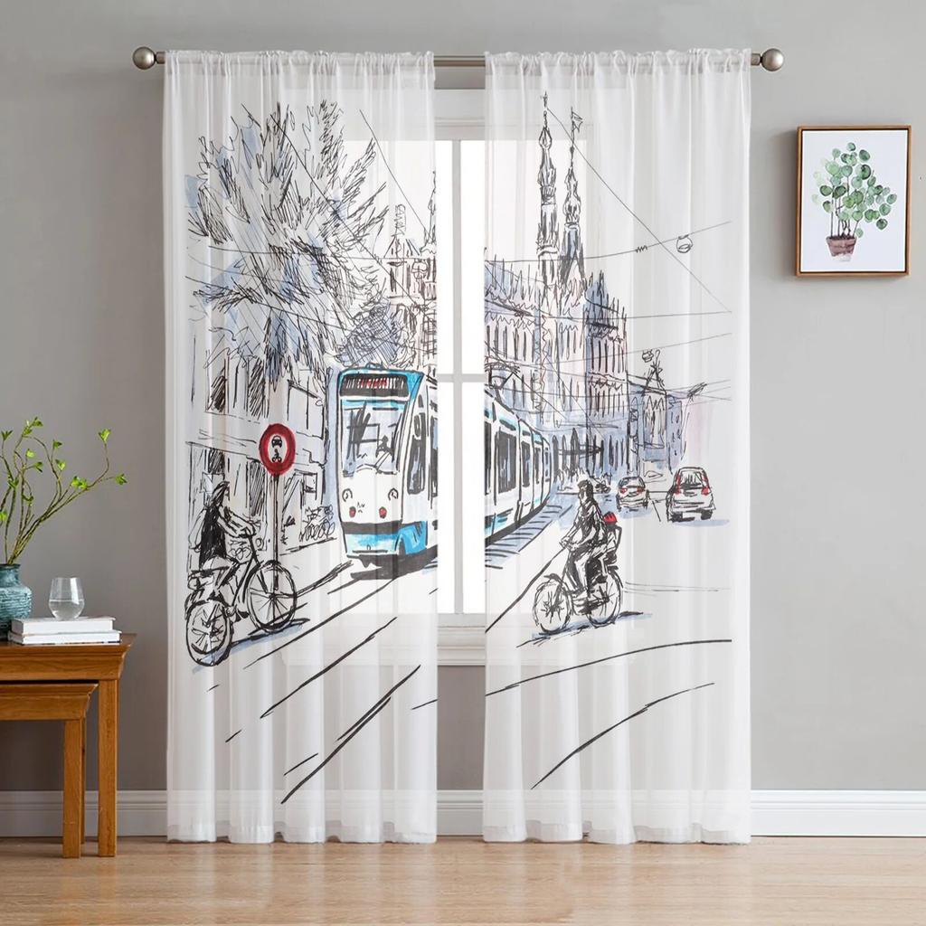 Train Railway Travel Tulle Sheer Curtains Modern Window Treatment for Kitchen Living Room Bedroom Decoration