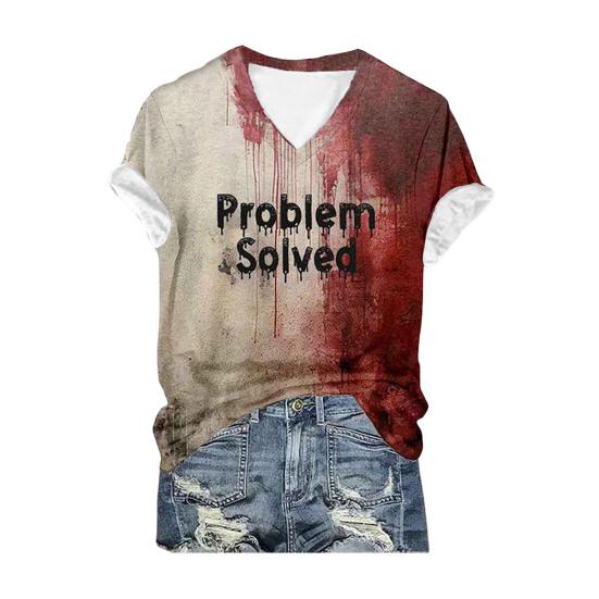 T-shirt Halloween Sang Impression Numérique Taches de Sang Texte T-shirt Femme Col V Hauts Décontractés