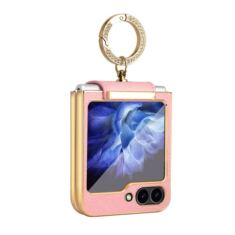 Custodia per Telefono in Pelle Placcata con Anelli di Diamanti Glitterati per Samsung Z Flip 6 5 4 3 Flip6 Flip5 Lusso Antiurto Cover Posteriore Protettiva