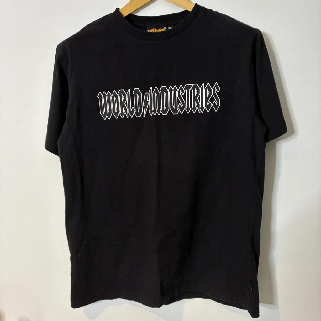 World Industries Shirt Mens Medium Black Graphic Tee Spellout Skate Y2K