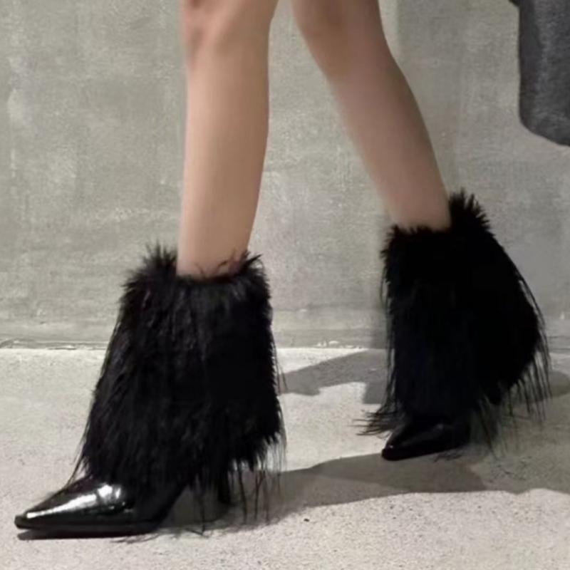 Fur Ankle Boots for Women Pointed Toe Designer Shoes High Heels Winter Boots 2025 Luxury Pumps Dress Sexy Botas Mujer