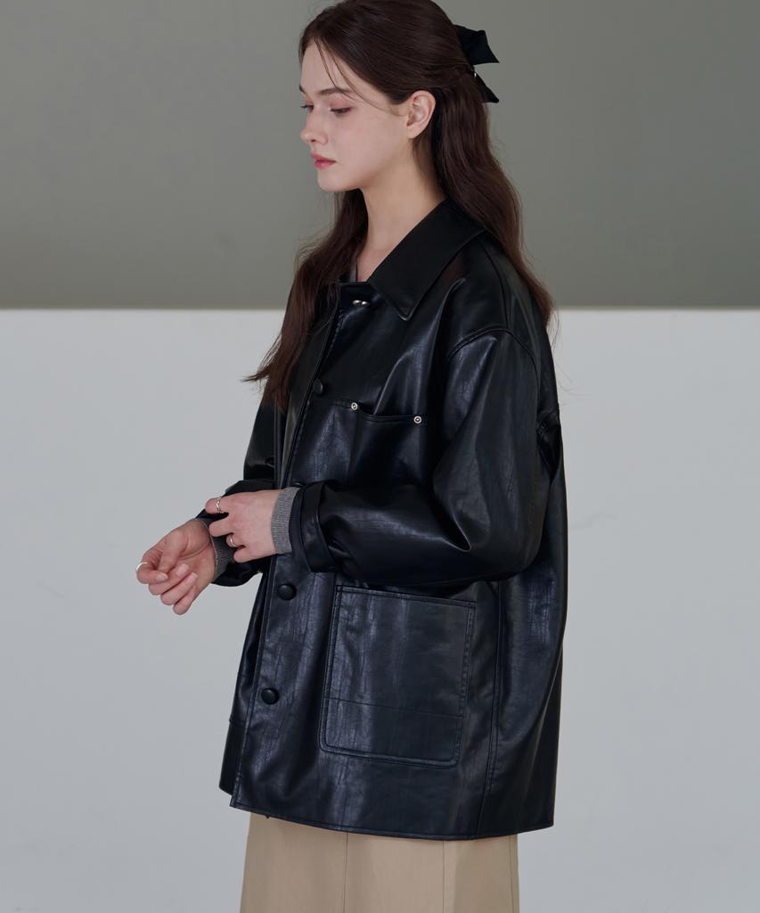 Drawfit Women Button Leather Half Jacket [Brown]