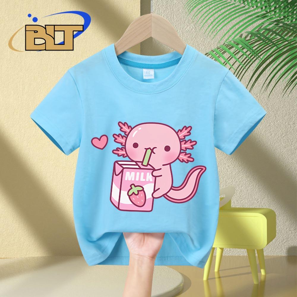 Süßes Erdbeermilch-Graffiti-Print Kinder-T-Shirt Sommer Kurzarm Freizeit-Oberteile für Jungen und Mädchen