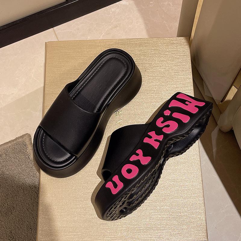 Platform Slide Sandals for Women - Outdoor, Height-Increasing, Fashionable, High-End, Anti-Slip, Letter Print, Beach Casual Sandals