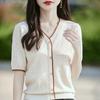Women Color Block Trim Knit Cardigan V-neck Short Sleeve Hollow Out Casual Button Down Sweater