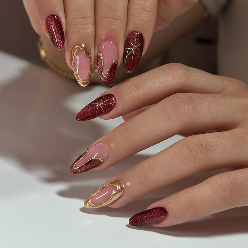 24PCS Almond with Ethereal Cat Eye Gilt Press On Nails Icy Clear Shiny French Metallic Lines Design False Nails Light Luxury