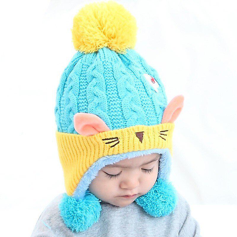 Winter Kleinkind Baby Jungen Mädchen Cartoon Strickmützen mit Ball Kinder Headwrap süße Katze Ohr Säuglingsmütze
