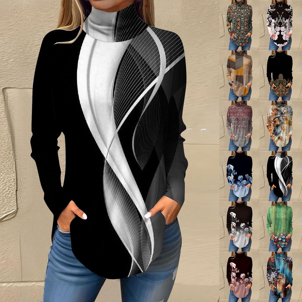 Tee Shirts For Women Fall Casual Long Sleeve Shirts Sweatshirt Vintage Printed High Neck Top Pullover