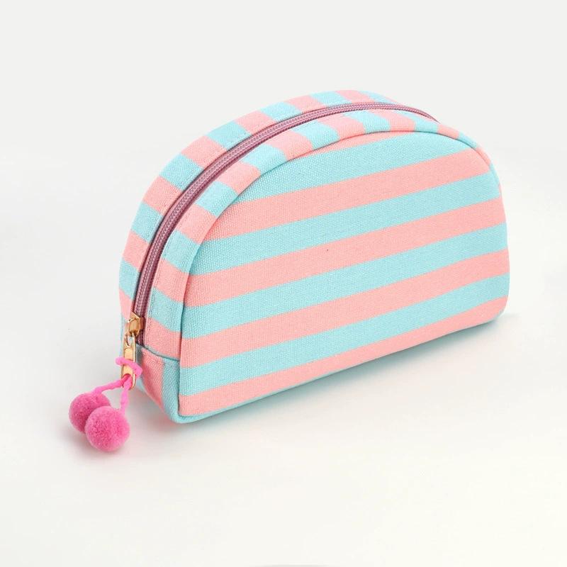 Personalized Embroidered Striped Pompon Cosmetic Bag Canvas Travel Toiletry Bag Shell Large-capacity Portable Outing