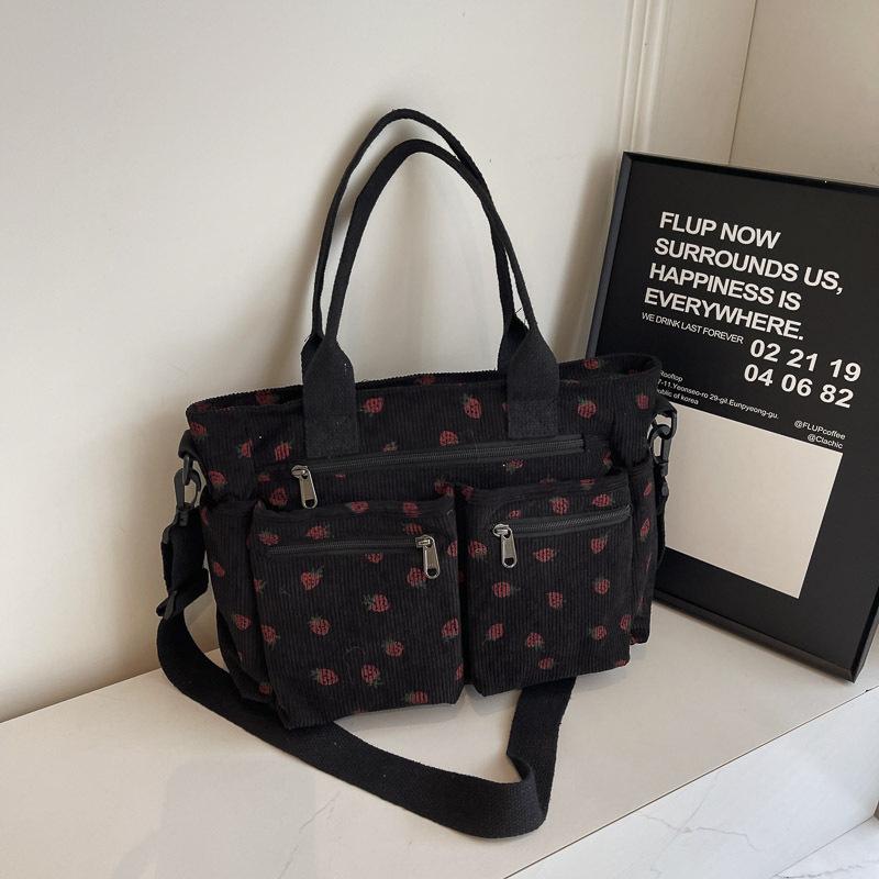 Corduroy Cherry Printed Tote Bag Versatile Women's Strawberry One-Shoulder Crossbody Bag Large Capacity Mommy Bag