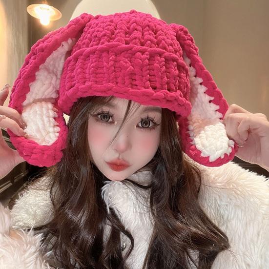 Women Winter Hat Long Bunny Ear Decor Knitted High Elasticity Warm Thick Soft Ear Protection Solid Color Windproof Anti-slip Decorative Lady Cap