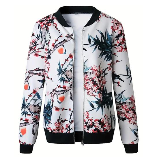 Fall Spring Lady Coat Floral Print Cardigan Zip-up Long Sleeves Elastic Cuff Stand Collar Cardigan Daily Wear Commuting Jacket
