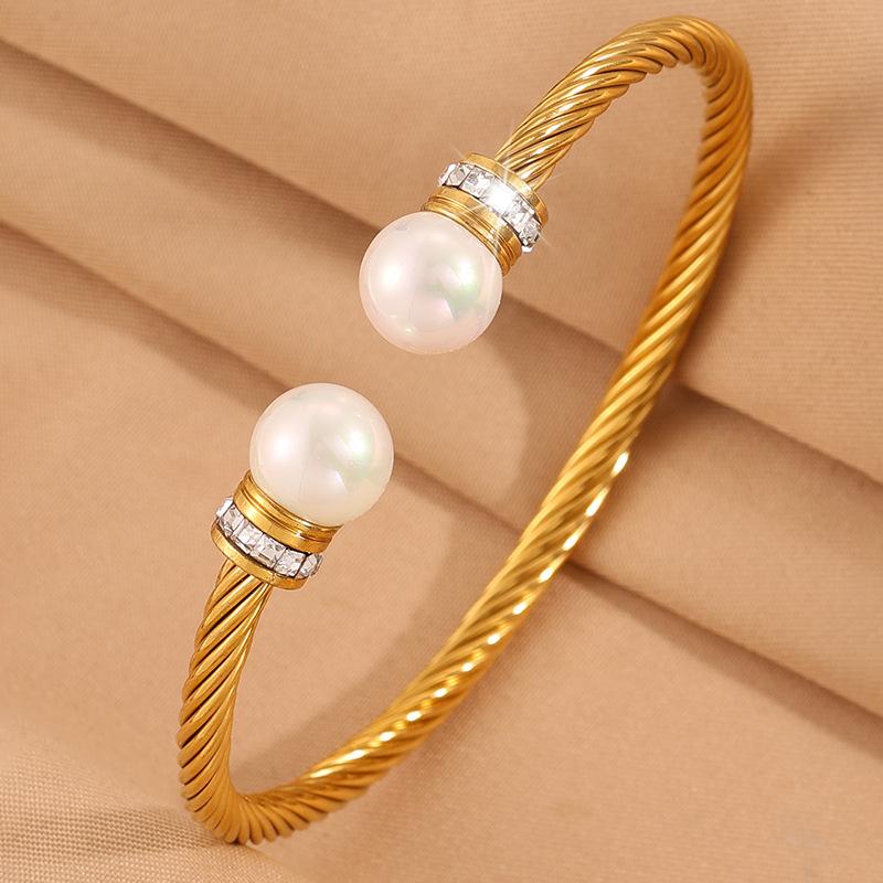 Steel wire opening round pearl diamond women's fashion light luxury classic simple design versatile stainless steel