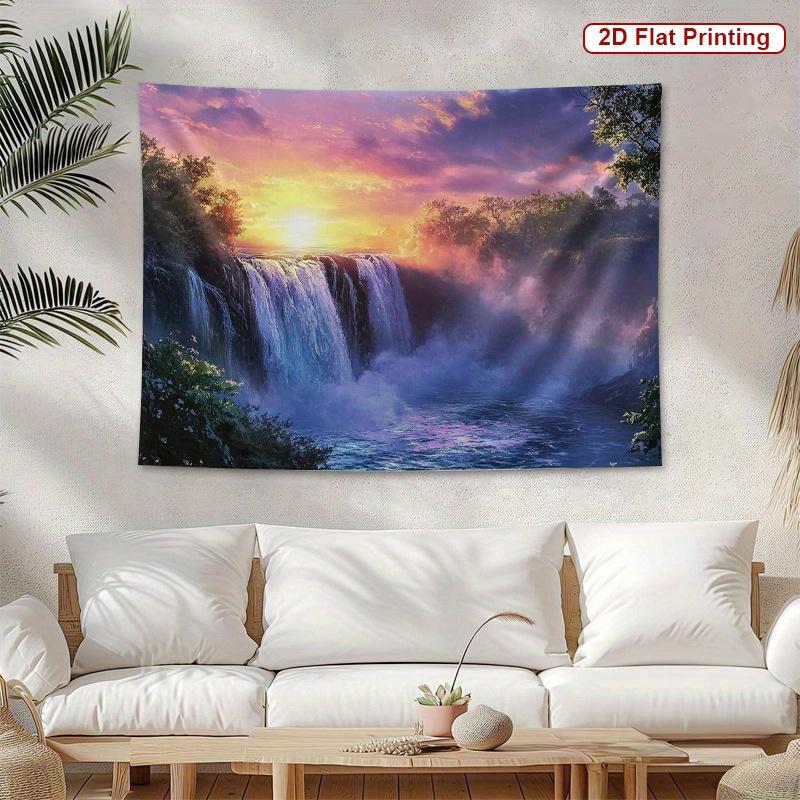 Sunset Waterfall Tapestry Majestic Cascade Vibrant Sky Nature Art Polyester 5161 In for Bedroom or Dorm