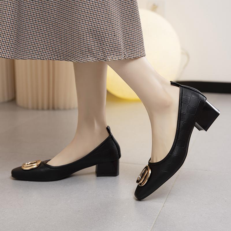 2024 Woman Elegant Square Toe Beige Shoes Heel Female Metal Accessories Shoes Comfortable Cute Shoes